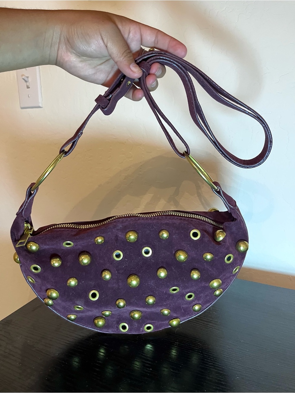 Purple Suede Studded Shoulder Bag
